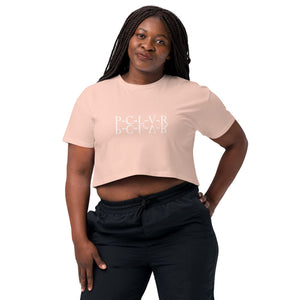 Women’s crop top letter logo PCLVR in black, camel, pink and lilac
