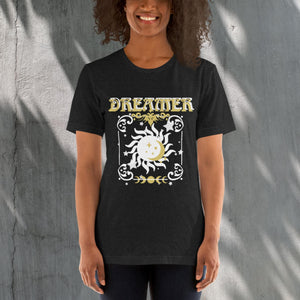 Black graphic t-shirt women's "Dreamer" sun and moon | peace-lover