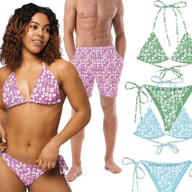 Couples Matching swimwear his and hers - floral bikini set and board shorts, 3 colors | peace-lover
