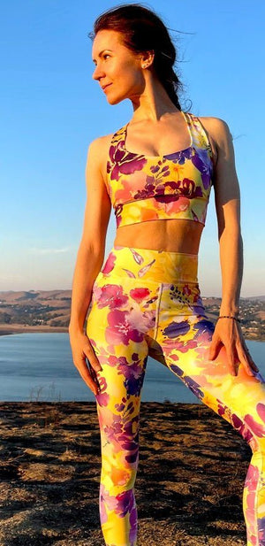 Floral Yoga Pants in Yellow Gold and Purple - 9