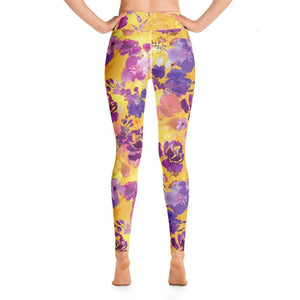 Floral Yoga Pants in Yellow Gold and Purple - 0