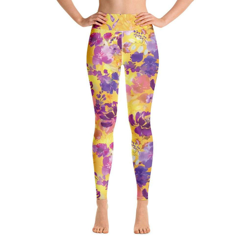 Floral Yoga Pants in Yellow Gold and Purple - 12