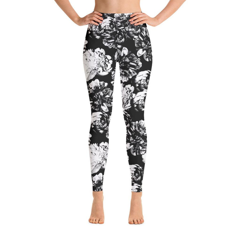 Printed Yoga Pants - Black and White Floral - 5