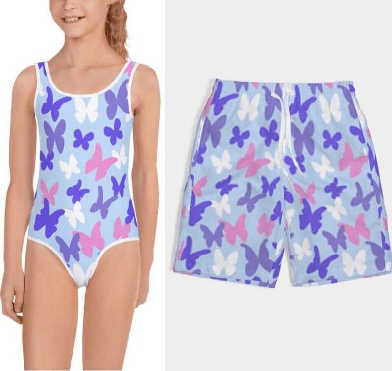 Matching Kids Swimsuit Butterflies - One piece girls swimsuit and boys swim shorts | peace-lover