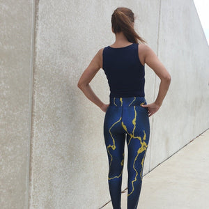 Printed Yoga Leggings - Navy Gold Marble - Printed Leggings for Women