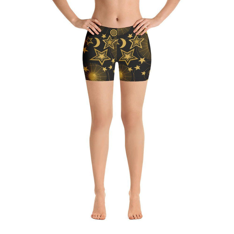biker shorts moon and stars black and gold print cosmic celestial - 12