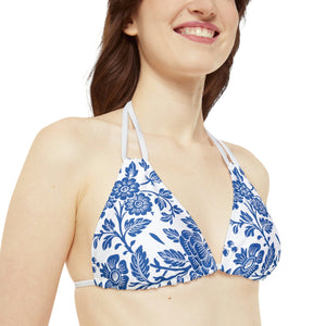 Strappy Bikini Set Antique Floral in White and Blue | peace-lover
