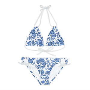 Strappy Bikini Set Antique Floral in White and Blue | peace-lover