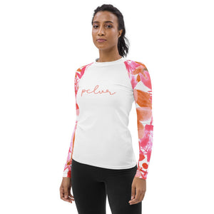 Women's floral rash guard white tropical long sleeves - 1