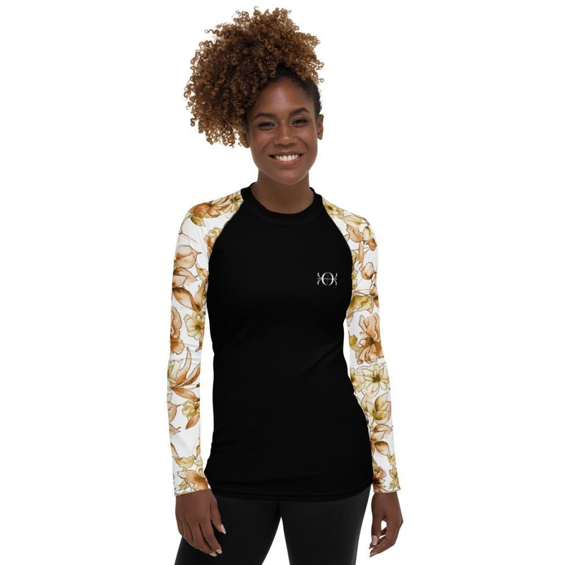 Women's black rash guard with printed sleeves floral - 1